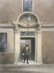Vista de la puerta y escalera del Dr. Johnson, Inner Temple Lane, Ciudad de Londres, 1855