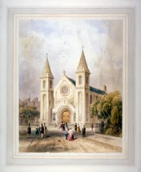 Vista de un edificio religioso desconocido en Regent Square, St Pancras, Londres, 1842