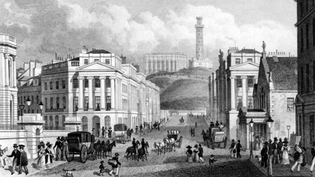 Waterloo Place, el Monumento Nacional, el monumento a Nelson y Calton Hill, Edimburgo, grabado por Thomas Barber, 1829