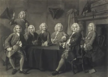El Club de Concejales de Benn, grabado por J. Faber (mezzotinta)