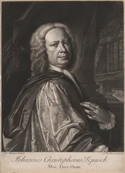 Johannes Christophorus Pepusch, grabado por Alexander van Haecken, c.1735