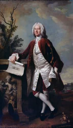 Retrato de Theodore Jacobsen, arquitecto del Hospital Foundling, mostrado sosteniendo un dibujo del Frente Oeste, c.1742
