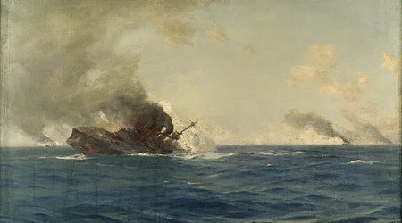 Hundimiento del "Scharnhorst" en la Batalla de las Islas Malvinas, 8 de diciembre de 1914, c.1915 (óleo sobre lienzo)