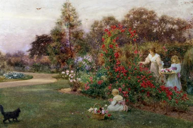En el jardín del artista, Yapton, Sussex. Una madre y sus dos hijos recogen rosas en un jardín. Pintura de Thomas James Lloyd (1849-1910 británico) Colección particular