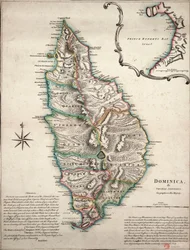 Mapa en color de Dominica con observaciones geográficas detalladas, c.1760 (grabado coloreado a mano)