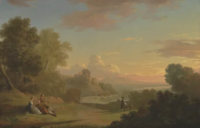 Un paisaje imaginario con un viajero y figuras con vistas a la bahía de Baiae
