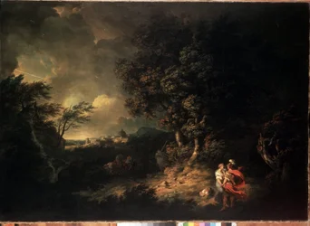 ""Paisaje de tormenta con Eneas y Dido"" (Paisaje con Eneas y Dido) Ilustración de la Eneida de Virgilio. Pintura de Thomas Jones (1742-1803) 1769 Dim. 137,5x193,5 cm Museo del Hermitage, San Petersburgo