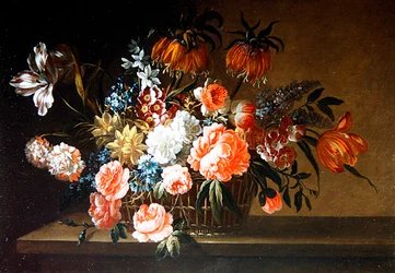 Naturaleza muerta de rosas, claveles y tulipanes