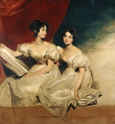 Doble retrato de las hermanas Fullerton, sentadas de cuerpo entero, con vestidos blancos, hacia 1825