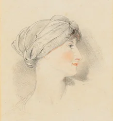 Retrato de la señora Jens Wolff, de perfil a la derecha, con un turbante