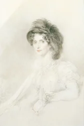 Retrato de Elizabeth, Duquesa de Devonshire (1758-1824), sentada, medio cuerpo, con un gran sombrero de plumas