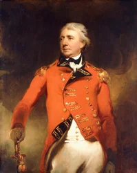 Retrato del general James Stuart de pie, tres cuartos de longitud, vistiendo un uniforme rojo con adornos dorados