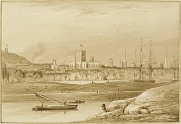 Bristol desde Coronation Road con Cumberland Road, el New Cut y una vista de las iglesias de Bristol