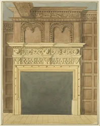Chimenea y paneles, fechados en 1632, en una casa en el lado norte de St Nicholas Street