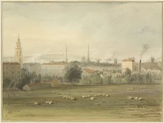 Cerca de Stokes Croft con una vista del horizonte de Bristol (sitio del ascenso en globo de Sadler y Clayfield en 1810)