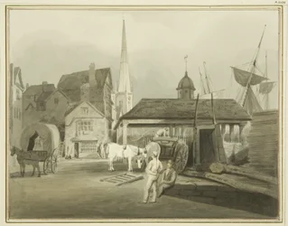 Extremo noreste de King Street, mostrando el Mercado Galés en 1802