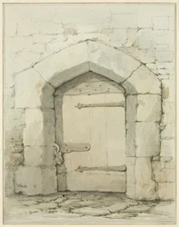 Arco antiguo y puerta en Tower Lane frente a la sacristía de la Iglesia de St John
