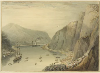 Vista entre las rocas de St Vincent, mostrando al Sr. Courtney tomando su vuelo aterrador