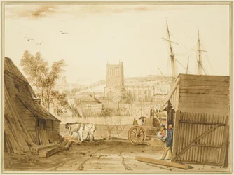 Vista desde el patio de madera de Acraman, Wapping, con vista hacia la catedral