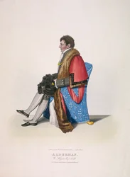Concejal Sir William Heygate, sentado y en traje cívico mostrando túnica y sombrero, 1825