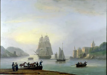 Un bergantín entrando en el puerto de Dartmouth, con un ferry en primer plano, 1828
