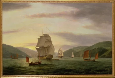 Una fragata, un lugre y un barco mercante en el puerto de Dartmouth, 1808