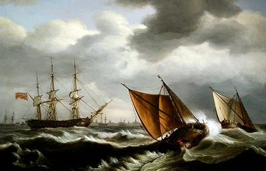 Embarcación costera holandesa con una fragata inglesa anclada en una tormenta frente a Harwich