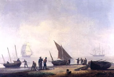 Pescadores en una Playa, con Barcos en el Mar