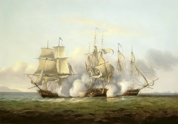 El HMS Gore en acción con los bergantines franceses «Palinure» y «Pilade»