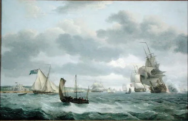Buques de guerra y otros barcos en una brisa frente a Dover