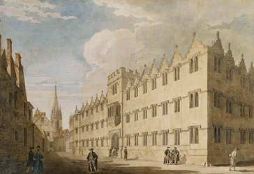 Oriel College, Oxford, con la iglesia de St. Mary en la distancia