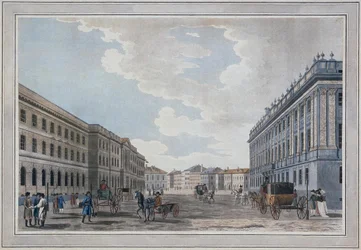 Vista de la calle Millionnaya y el Palacio de Mármol a través del Campo de Marte