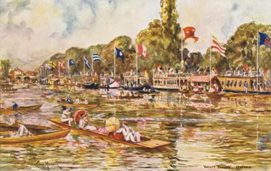 Río Támesis: Varsity Barges, Oxford (litografía en color)