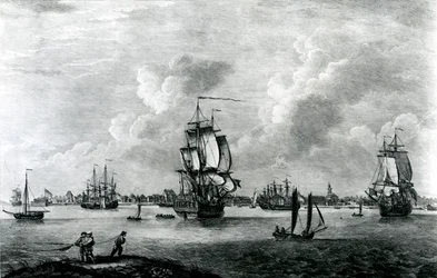 Vista de Charles Town, la capital de Carolina del Sur en América del Norte, grabado por Pierre Charles Canot