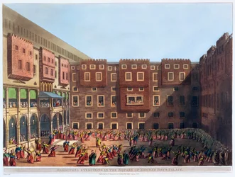 Mamelucos ejercitándose en la plaza del palacio de Mourad Bey, El Cairo, Egipto, 1802
