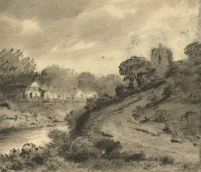 Paisaje fluvial boscoso con una roca en el primer plano izquierdo, c.1800