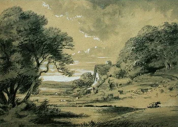 Paisaje con una cabaña junto a un río