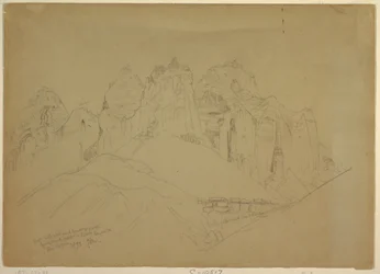 Dibujo, Río Virgen con grandes formaciones rocosas, 1873