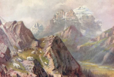 Templo del Monte, con cabras salvajes alimentándose (litografía en color)