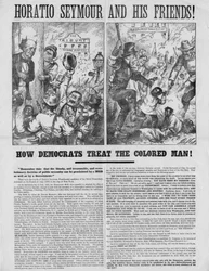 Horatio Seymour y sus amigos! : ¡Cómo los demócratas tratan al hombre de color! : Recuerden esto: que la doctrina sangrienta, traicionera y revolucionaria de la necesidad pública puede ser proclamada por una turba