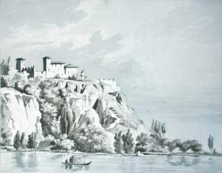 Castillo de Angera en las orillas del Lago Maggiore, en el Paso del Simplon, ilustración de 