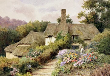 Una casa de campo en Selworthy, Somerset, Inglaterra. Una mujer en el jardín de una casa de campo inglesa. Pintura de Thomas Nicholson Tyndale (1860-1930 Británico) Colección particular