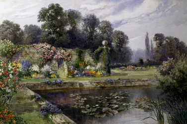 El estanque de los lirios. Nanufares en un estanque dentro de un gran jardín. Pintura de T. Noelsmith (1840-1900) Colección particular