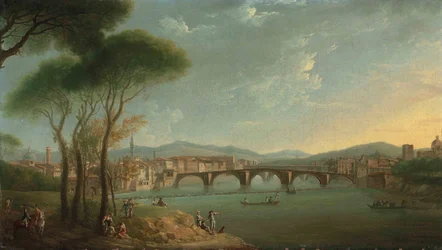 Vista del Arno, Florencia, desde los Jardines Cascine, con figuras pescando y descansando en las rocas en primer plano, el Ponte alla Carità y el Ponte Vecchio al fondo
