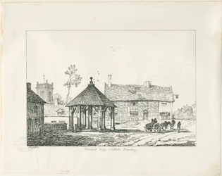 Abbots Bromley - Cruz del mercado Tudor y casa: dibujo a pluma y tinta