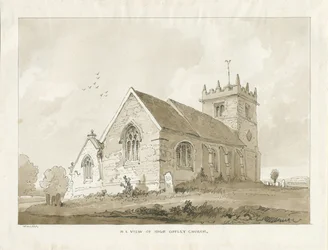Iglesia de High Offley: dibujo en sepia