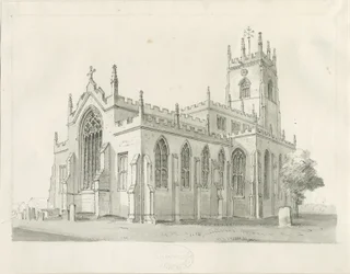 Iglesia de Penkridge: dibujo a pluma y lavado, nd [1836]