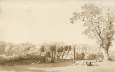 Tettenhall - Vista distante desde el sureste: dibujo a lápiz y lavado, 30 de agosto de 1837