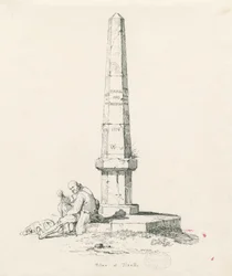 Tixall - Pilar mostrando distancias: dibujo a pluma y tinta