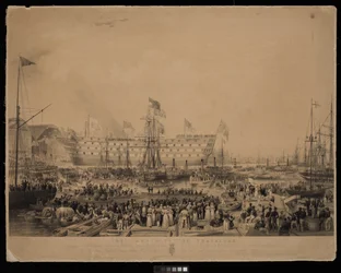 La botadura del Trafalgar, en presencia de Su Graciosa Majestad la Reina Victoria y Su Alteza Real el Príncipe Alberto, en H.M.Dock Yard, Woolwich...